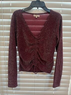 Ultra Flirt Glitter Ruched V-Neck Long Sleeve Top - Burgundy
